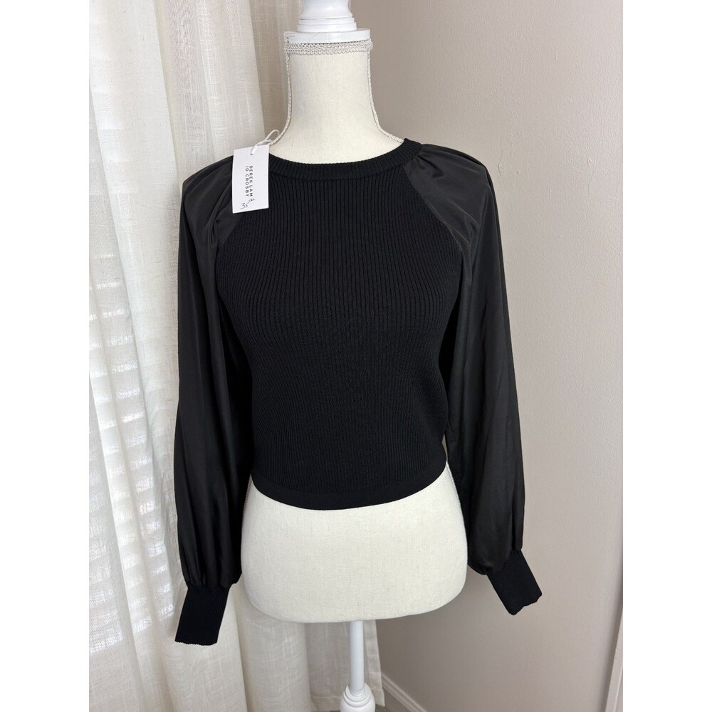 Derek Lam 10 Crosby Black Knit Ribbed Blouse Cropped Balloon Sleeve NWT $395